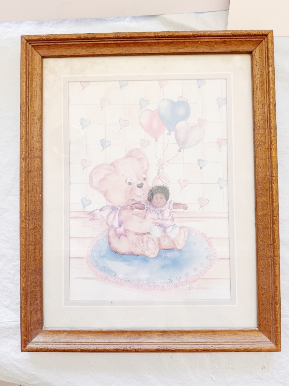Vintage Nursery Wall Art Ava Freeman Teddy Bear Girl Doll Heart Balloons Framed